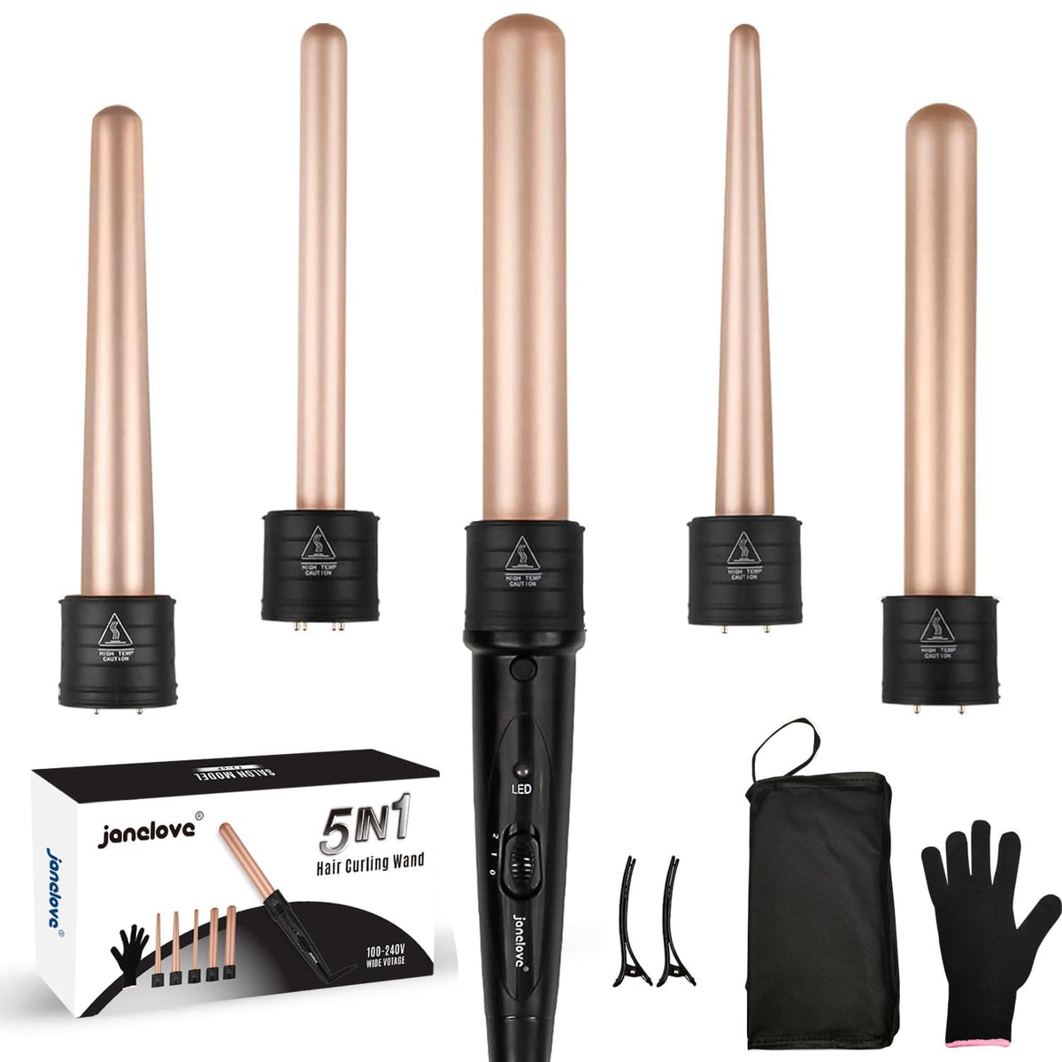 Janelove 5-in-1 wand set unboxing shows complete curling kit for versatile styling