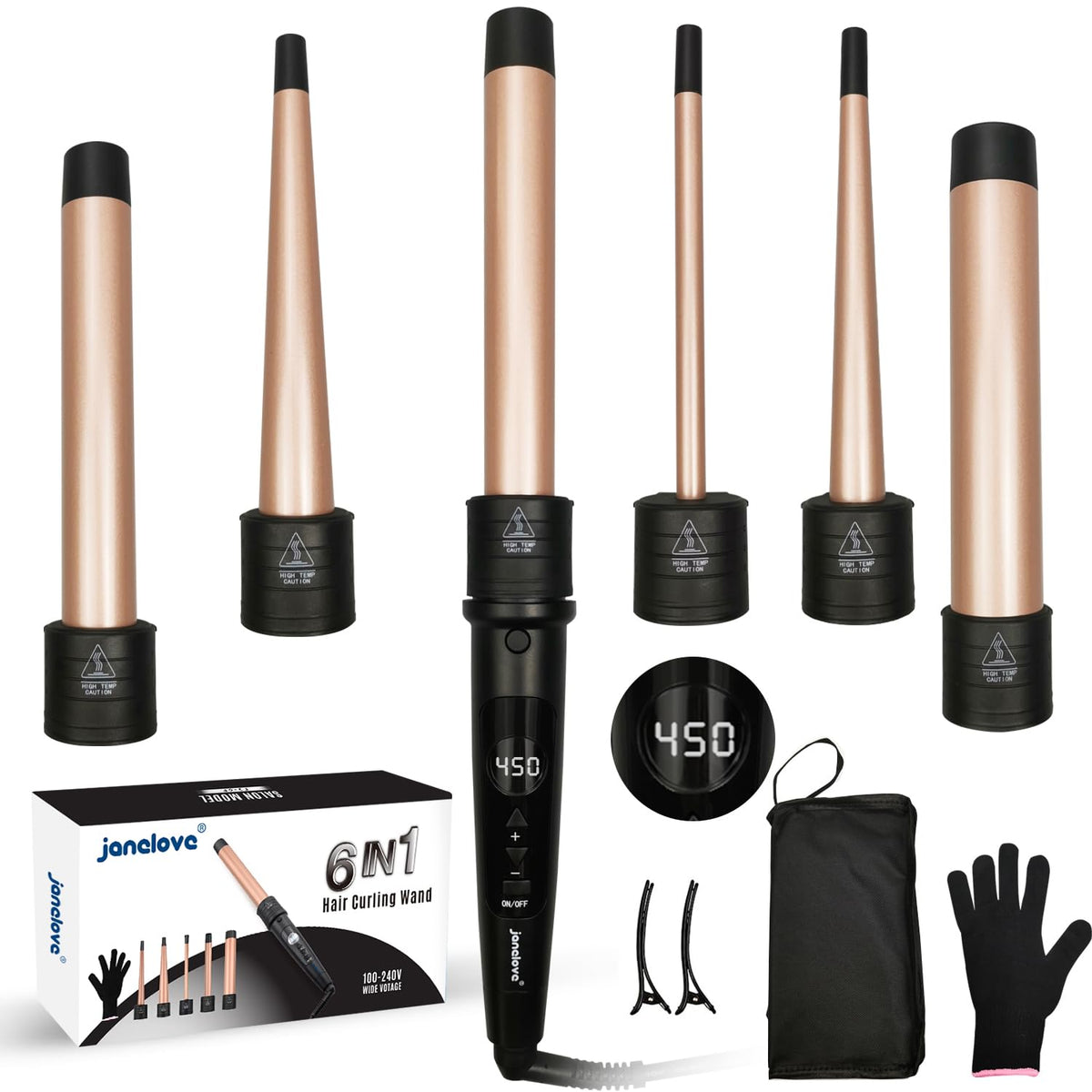 Janelove 6-in-1 hair wand set in gold for versatile curls and waves.