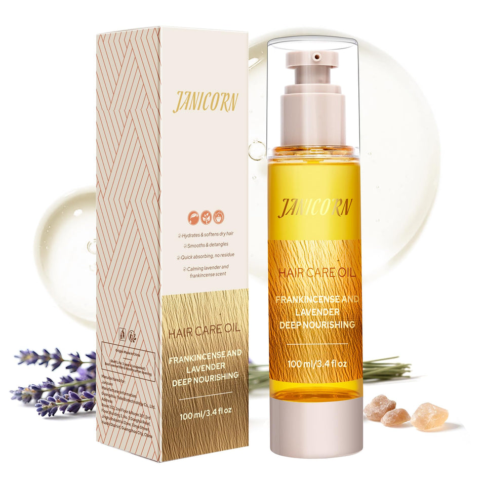 JANICORN Leave-In Hair Oil bottle close-up showing lightweight hydration for dry hair