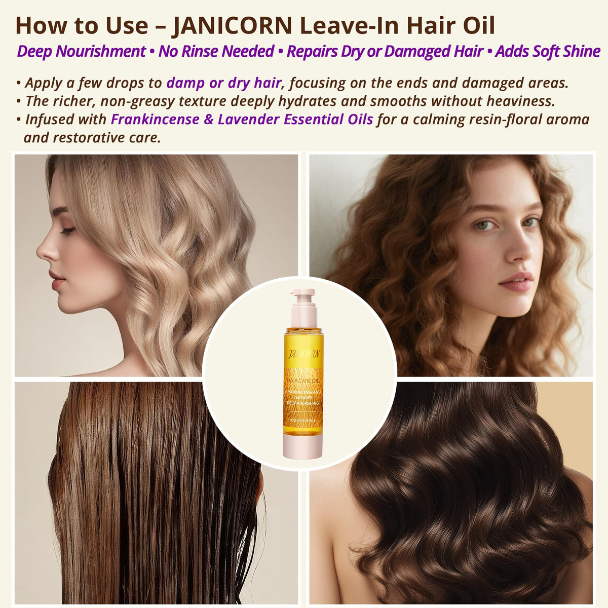 JANICORN Leave-In Hair Oil on hands illustrating fast absorption without greasiness