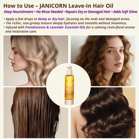 JANICORN Leave-In Hair Oil on hands illustrating fast absorption without greasiness