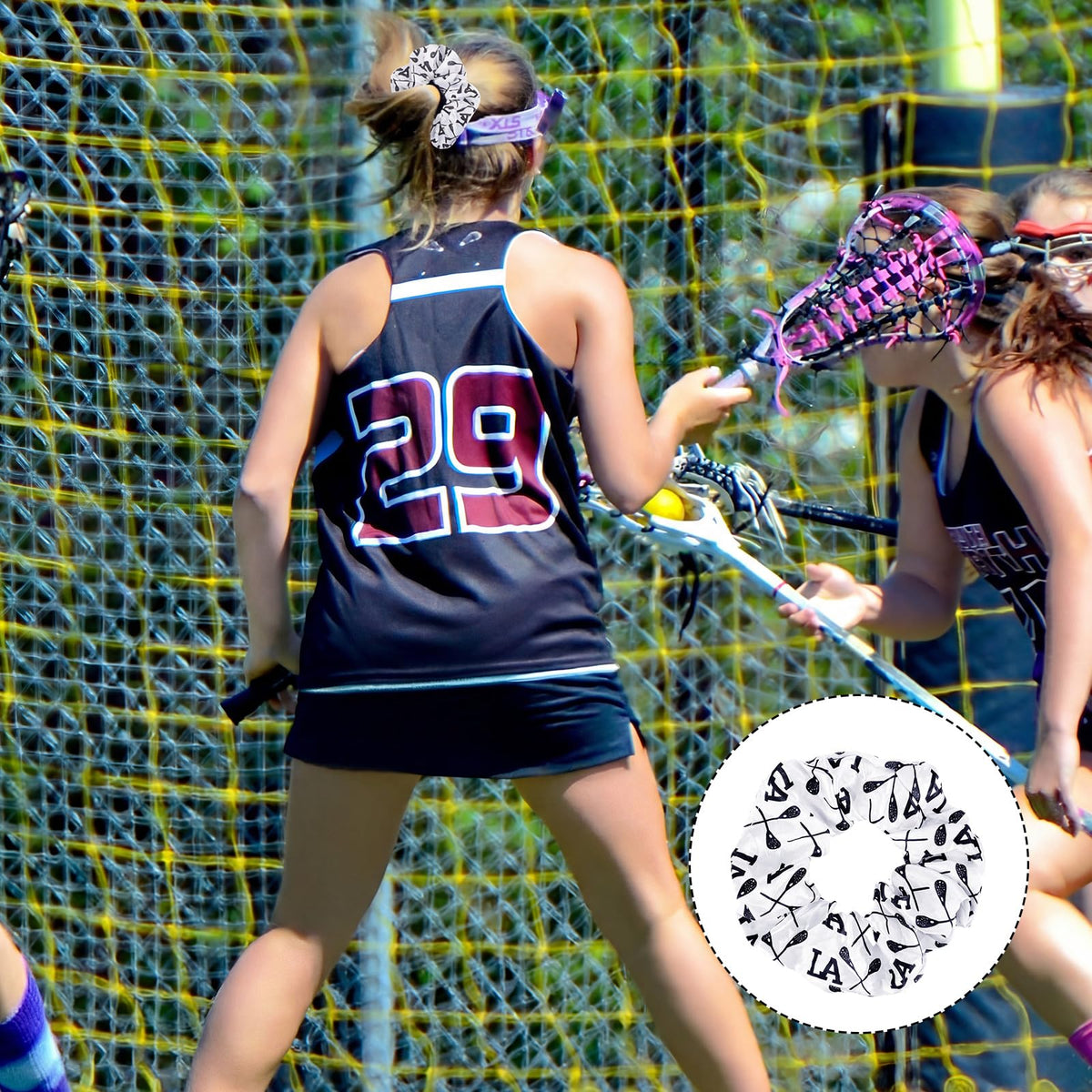 Janinka lacrosse scrunchie worn on the wrist as a stylish accessory
