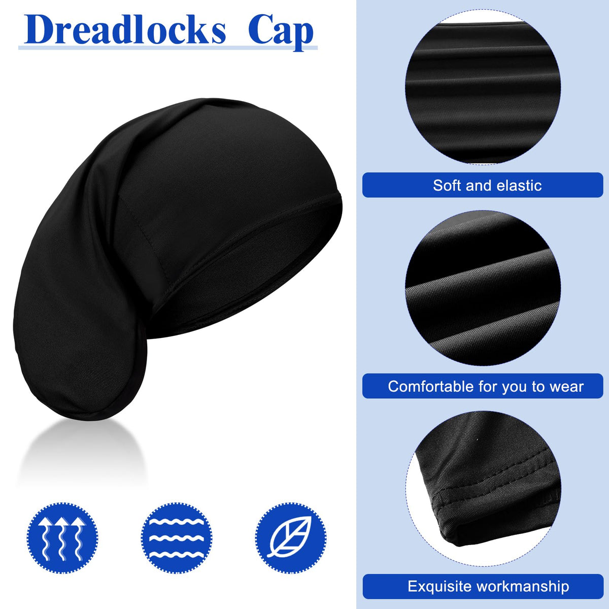 Janmercy soft-spandex dreadlock cap close-up, flexible and washable for extended use.