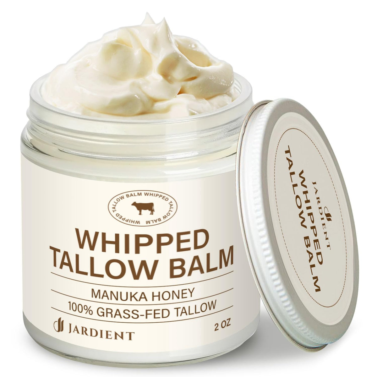 Jardient beef-tallow-honey-balm bottle demonstrates hydration-rich moisturizer for skin.