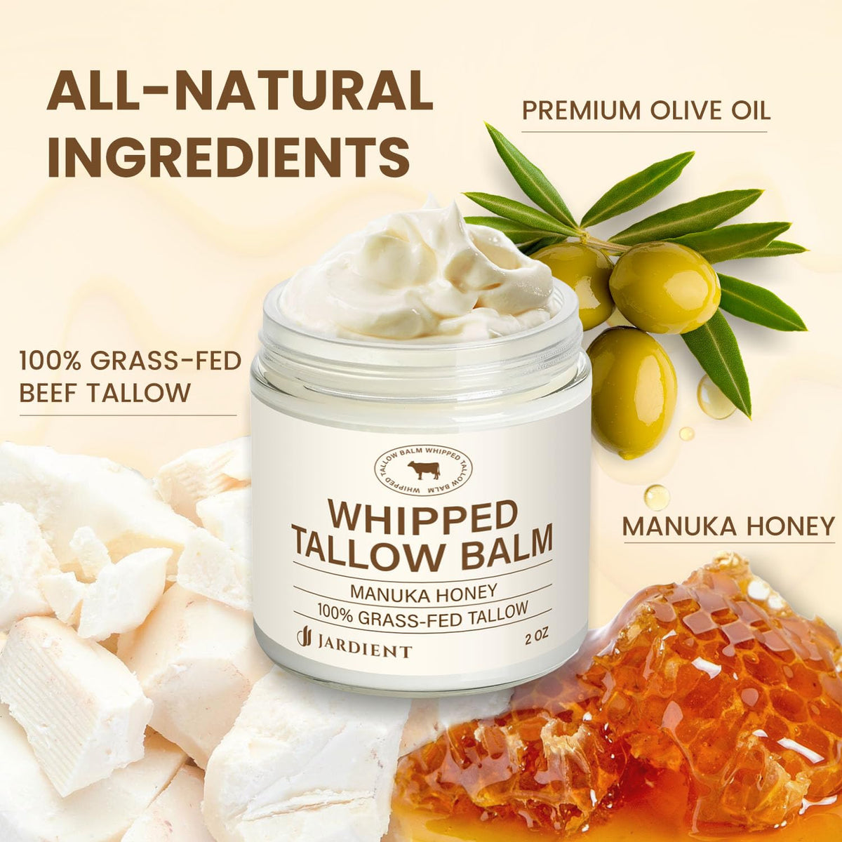 Jardient beef-tallow-honey-balm ingredients panel highlights olive oil and Manuka honey.