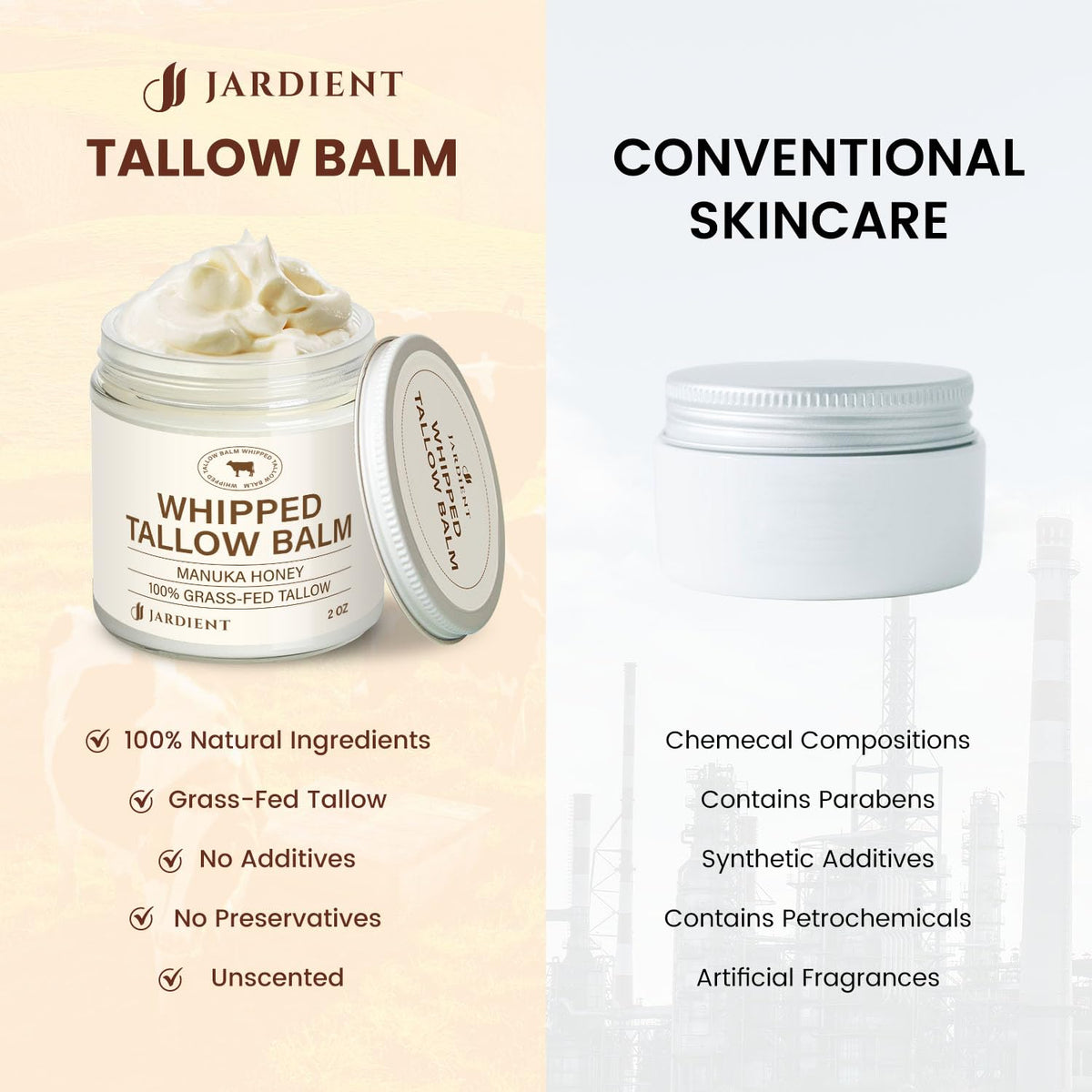 Jardient beef-tallow-honey-balm eco-packaging conveys sustainable choices.