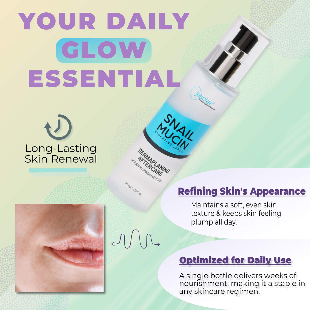 Jasclair snail mucin serum on skin shows smooth, revitalized feel after cleansing