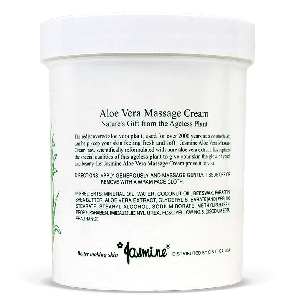 Jasmine Aloe Vera Massage Cream label highlighting natural ingredients and gentle formula.