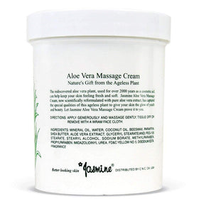 Jasmine Aloe Vera Massage Cream label highlighting natural ingredients and gentle formula.