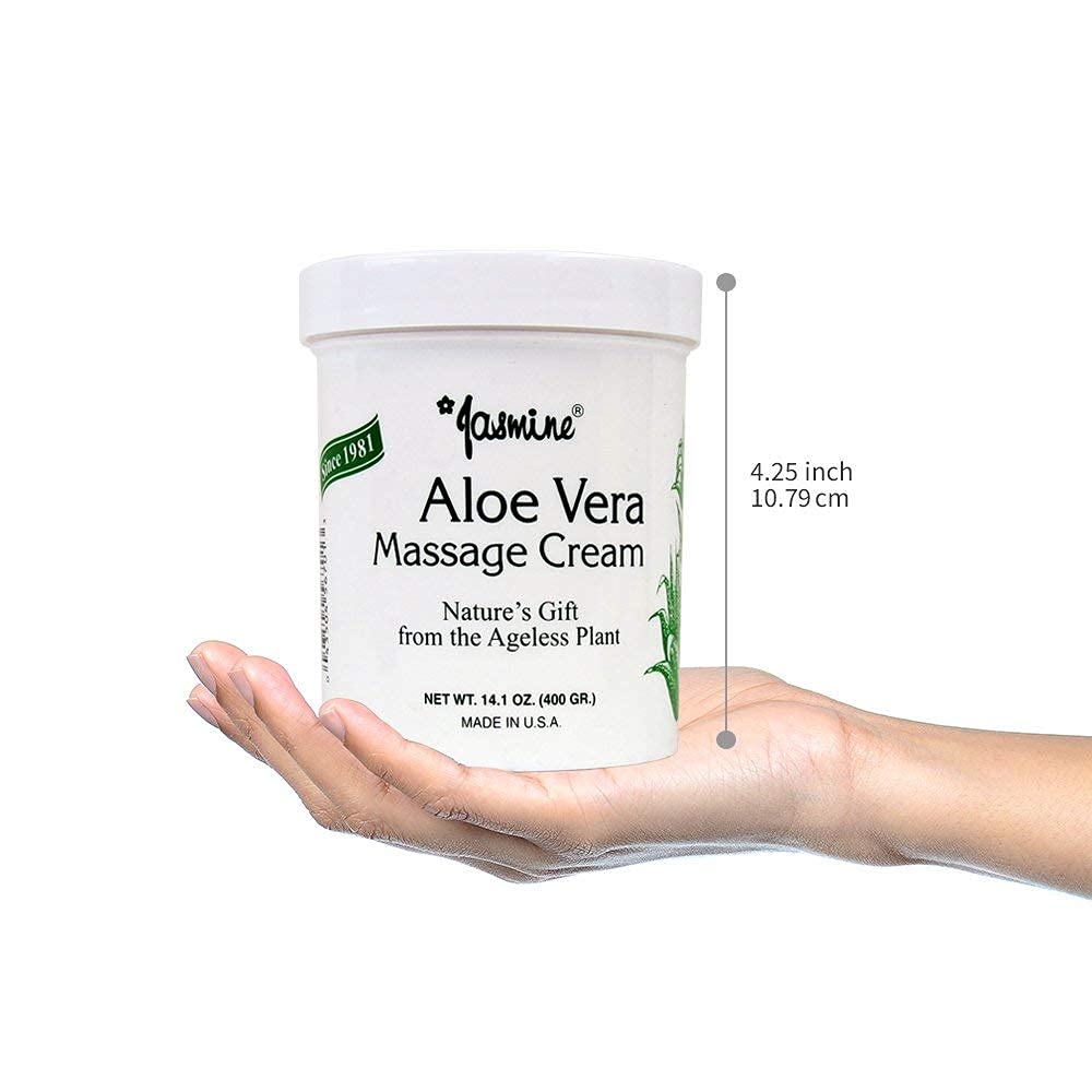 Jasmine Aloe Vera Massage Cream packaging display for home spa routine.