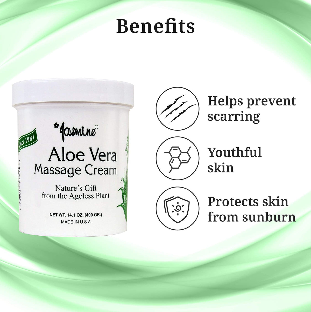 Jasmine Aloe Vera Massage Cream USA-made badge indicating quality sourcing.