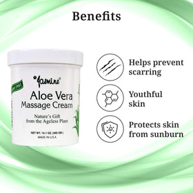 Jasmine Aloe Vera Massage Cream USA-made badge indicating quality sourcing.