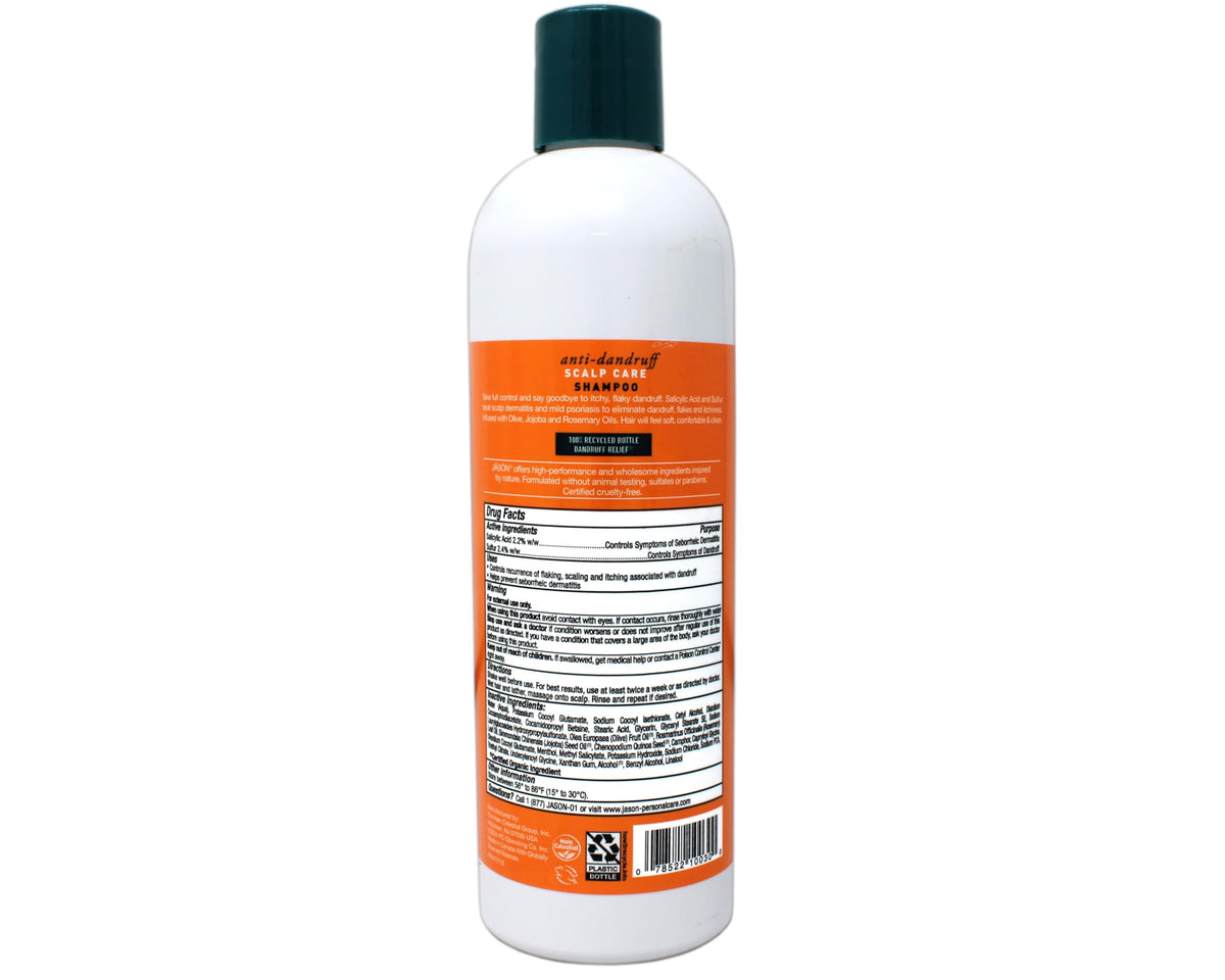 Jason Dandruff Relief Shampoo ingredients close-up features rosemary, olive, and jojoba oils.