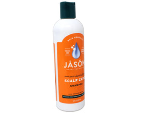 Jason Dandruff Relief Shampoo packaging shown on bathroom shelf.