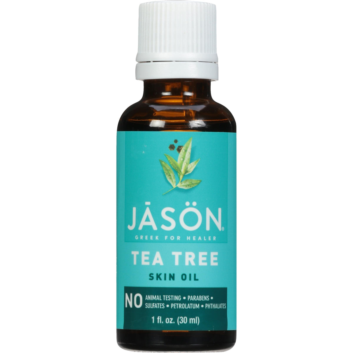 Jason Purifying Tea Tree Skin Oil bottle close-up, natural ingredients for refreshed skin.