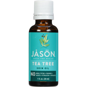 Jason Purifying Tea Tree Skin Oil bottle close-up, natural ingredients for refreshed skin.