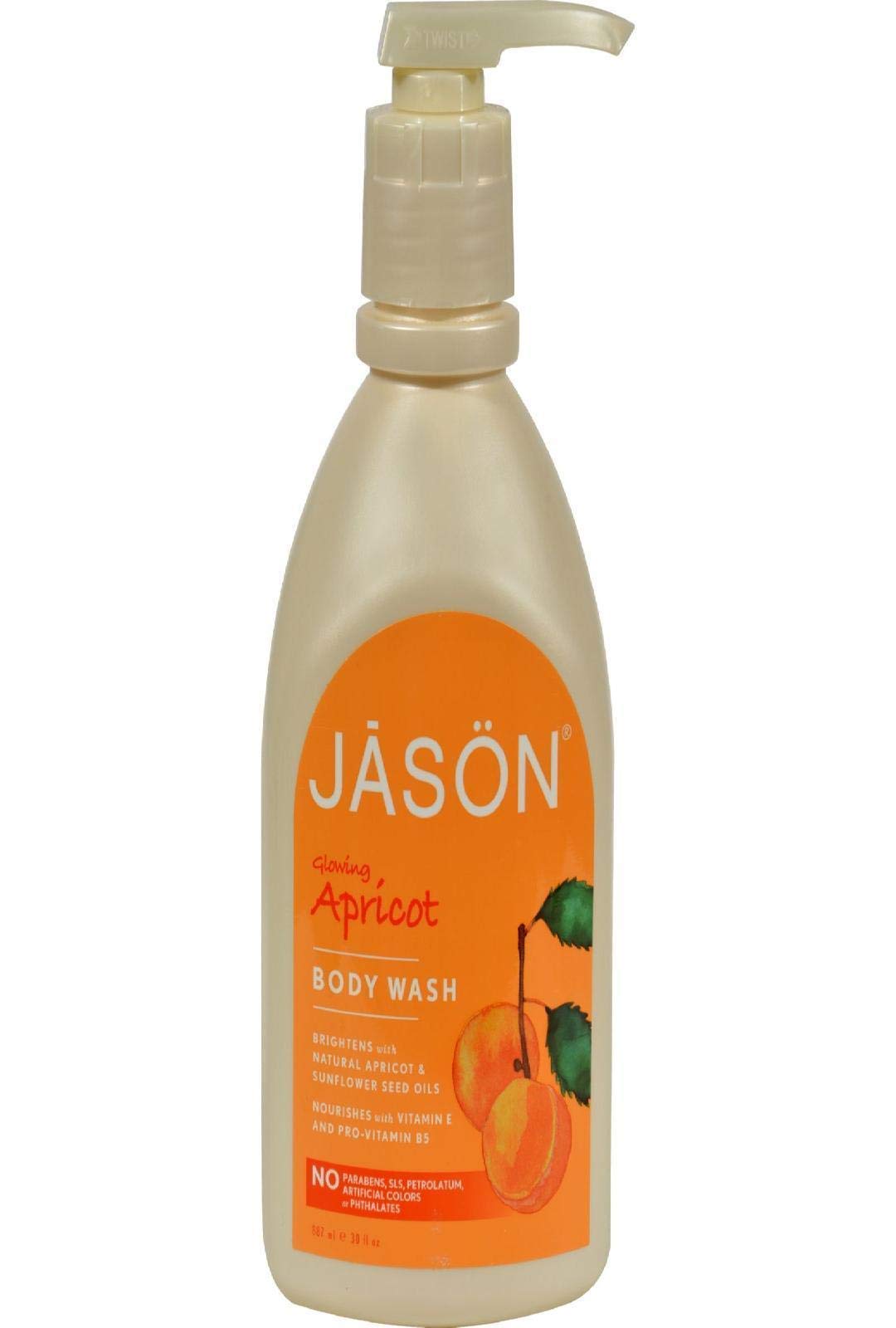 Jason Satin Shower Apricot bottle label highlights vitamin E and provitamin B5 benefits.