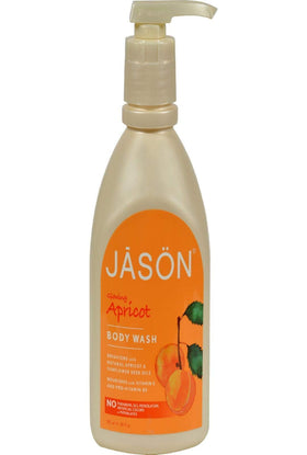 Jason Satin Shower Apricot bottle label highlights vitamin E and provitamin B5 benefits.