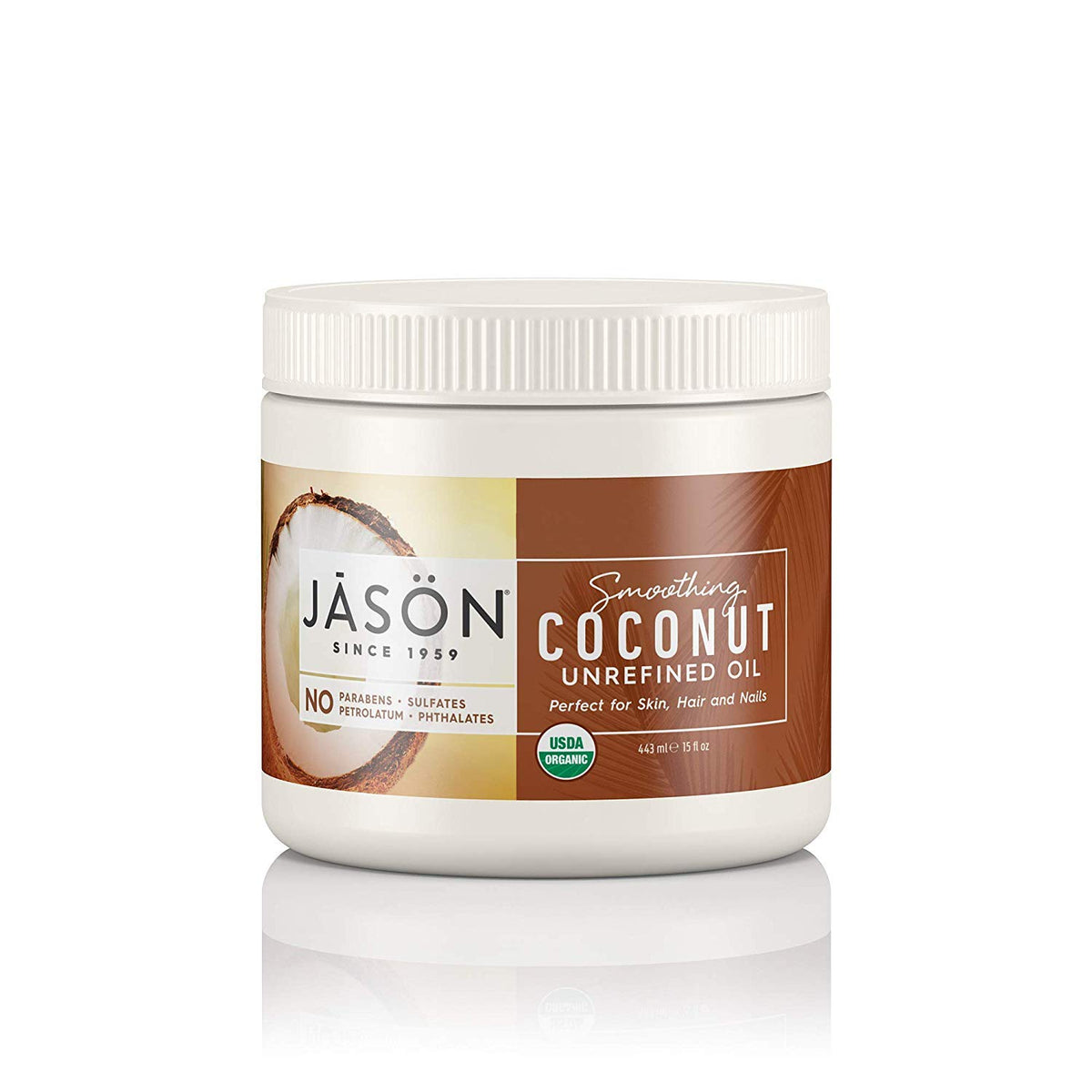 Jason Smoothing Coconut Oil bottle, versatile organic moisturizer for skin and hair.