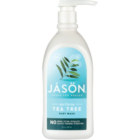 Jason Tea Tree Body Wash bottle shows vitamin E and aloe for gentle cleansing.