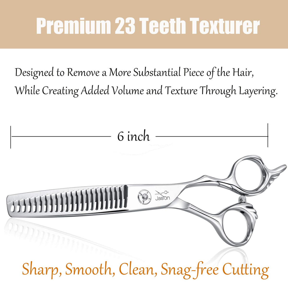 Jason texturizing scissors with ergonomic offset handles reduce fatigue during long cuts.