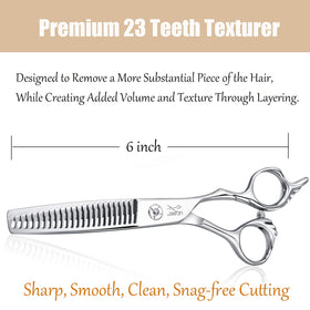 Jason texturizing scissors with ergonomic offset handles reduce fatigue during long cuts.