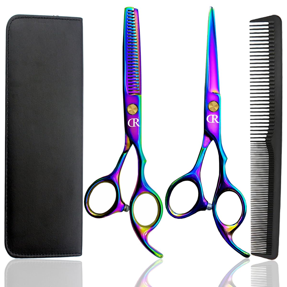 JAVENPROLIU Rainbow hair cutting shears close-up blade detail for precision.