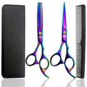 JAVENPROLIU Rainbow hair cutting shears close-up blade detail for precision.