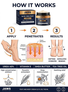 Jaws Podiatry Urea Cream fast absorbing non-greasy finish.