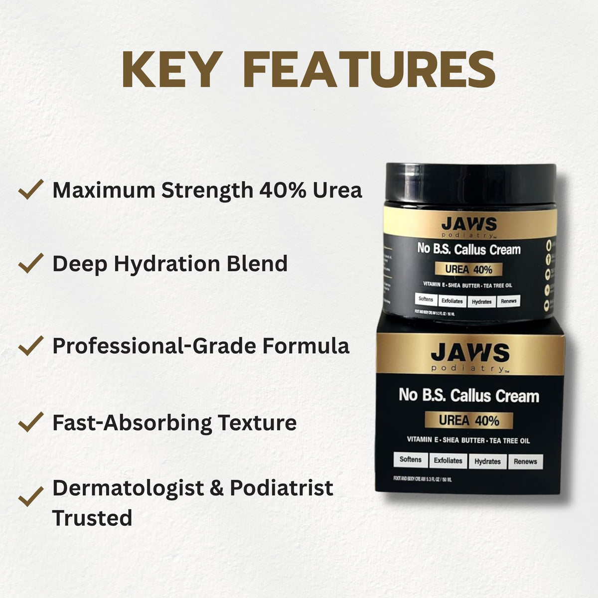 Jaws Podiatry Urea Cream hypoallergenic unscented for sensitive skin.