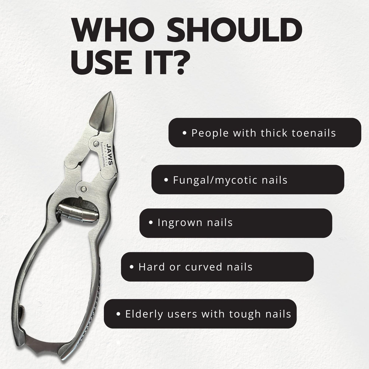 Jaws Podiatry clipper tackling thick nails for clean cuts.