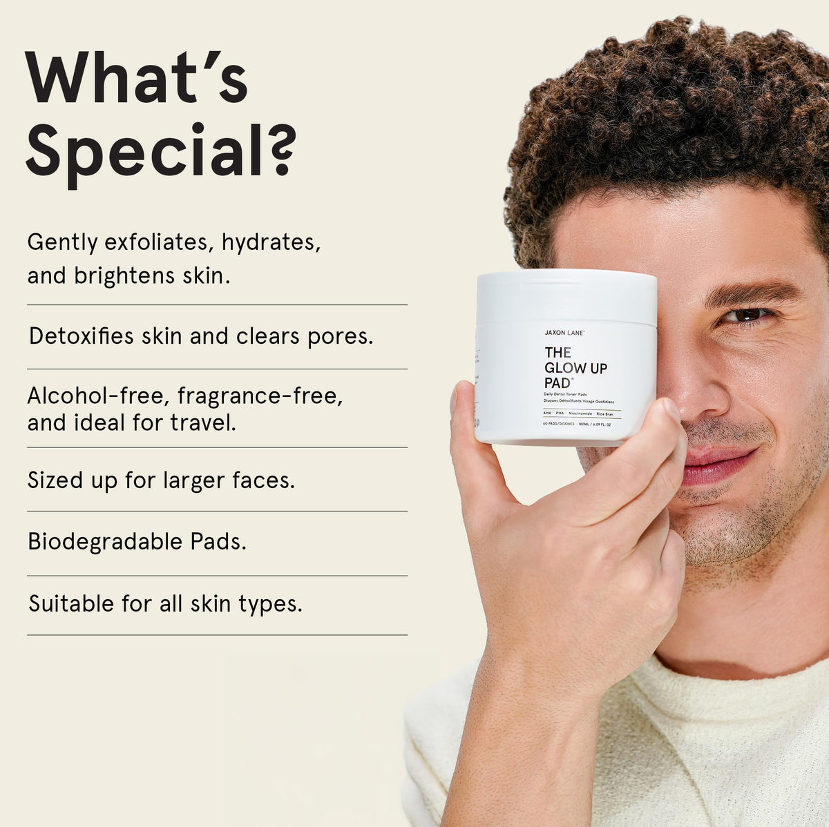 JAXON LANE Rice Toner Pads texture close-up, gentle exfoliation for smoother skin.