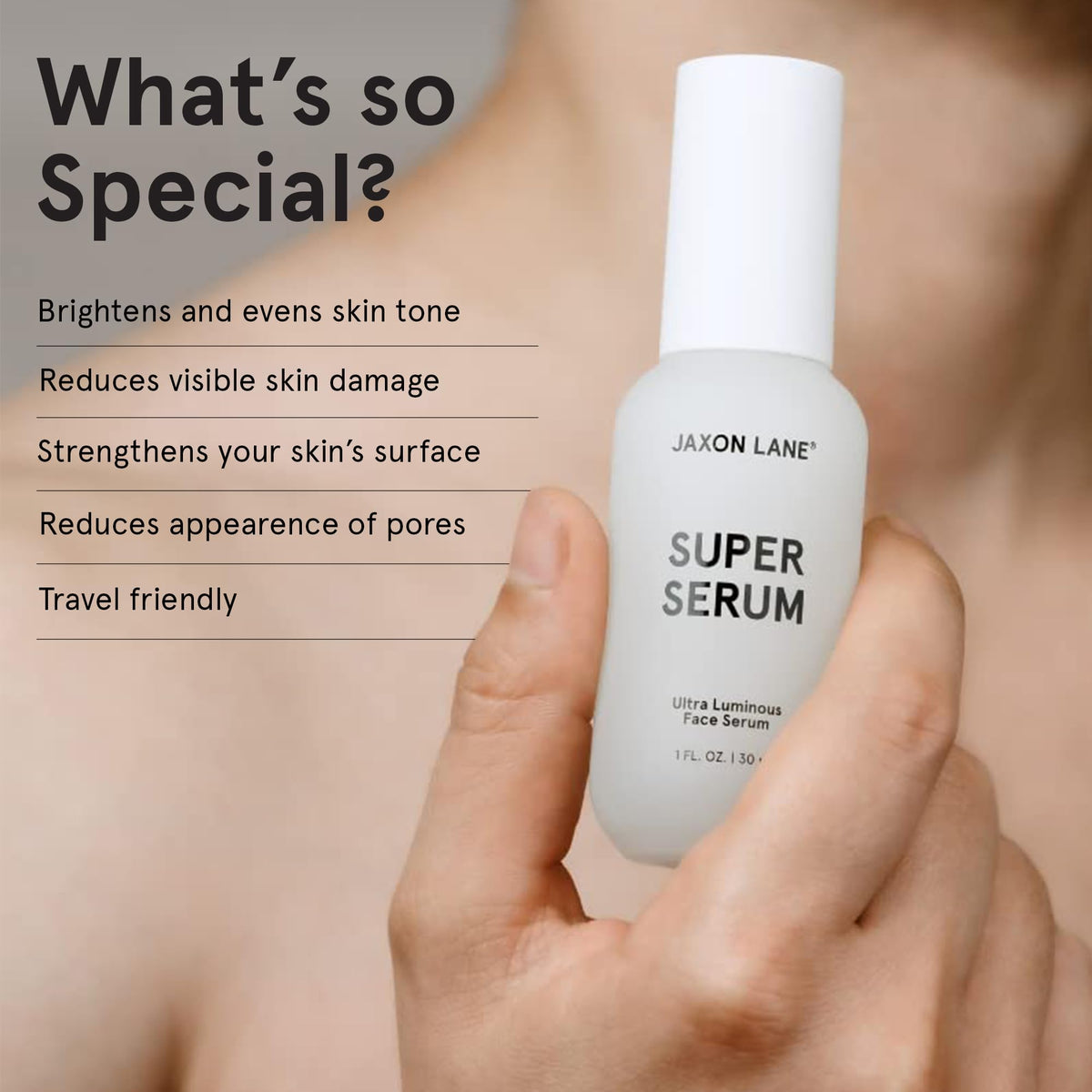 Texture on skin showing smooth, non greasy finish from JAXON LANE SUPER SERUM