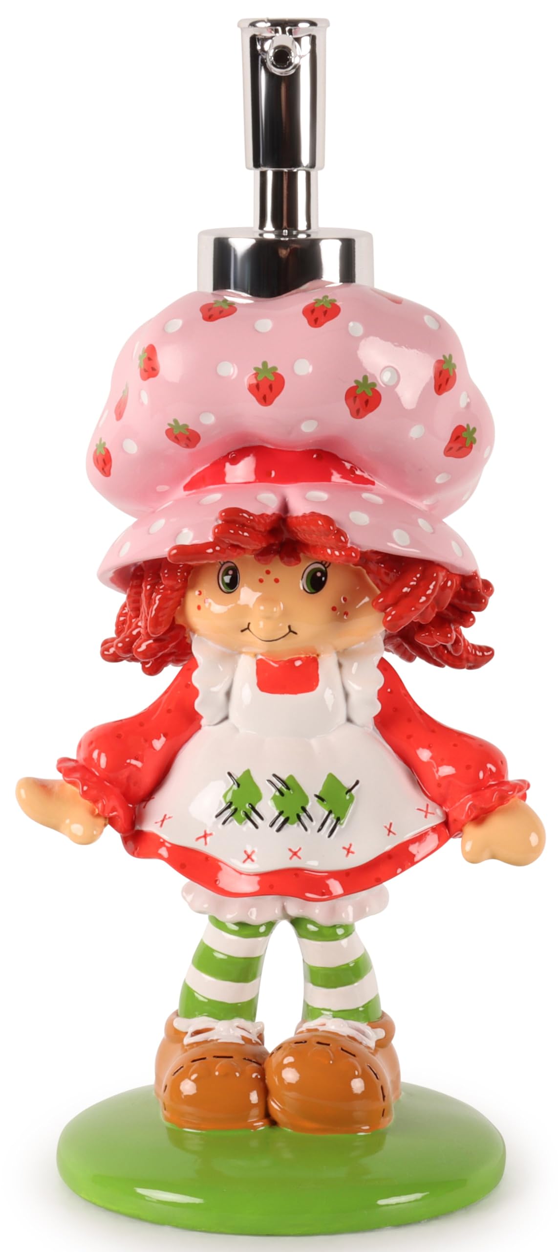 Jay Franco Strawberry Shortcake dispenser on a bathroom sink, durable resin design for daily use.