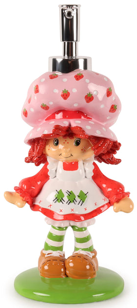 Jay Franco Strawberry Shortcake dispenser on a bathroom sink, durable resin design for daily use.