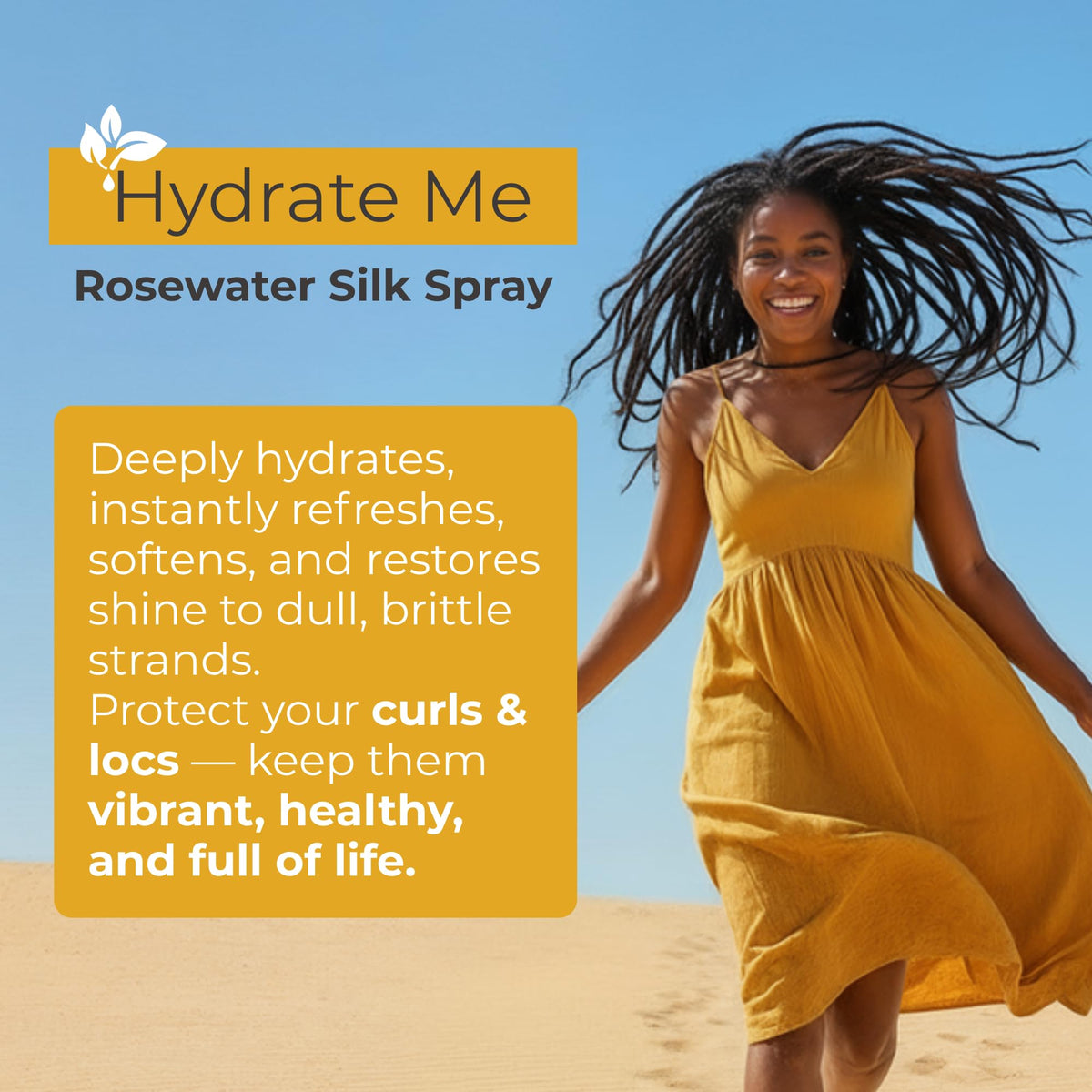 Jaycee Naturals Hydrate Me Rosewater Silk Spray misting on hair for hydration and shine.