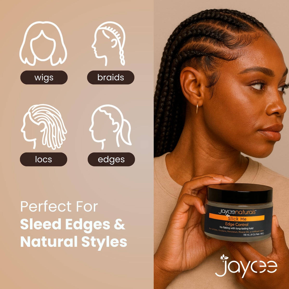 Jaycee Naturals Slick Me Edge Control label highlights clean ingredients.