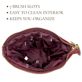 JAZD burgundy travel makeup pouch with spill-resistant surface for easy cleaning.
