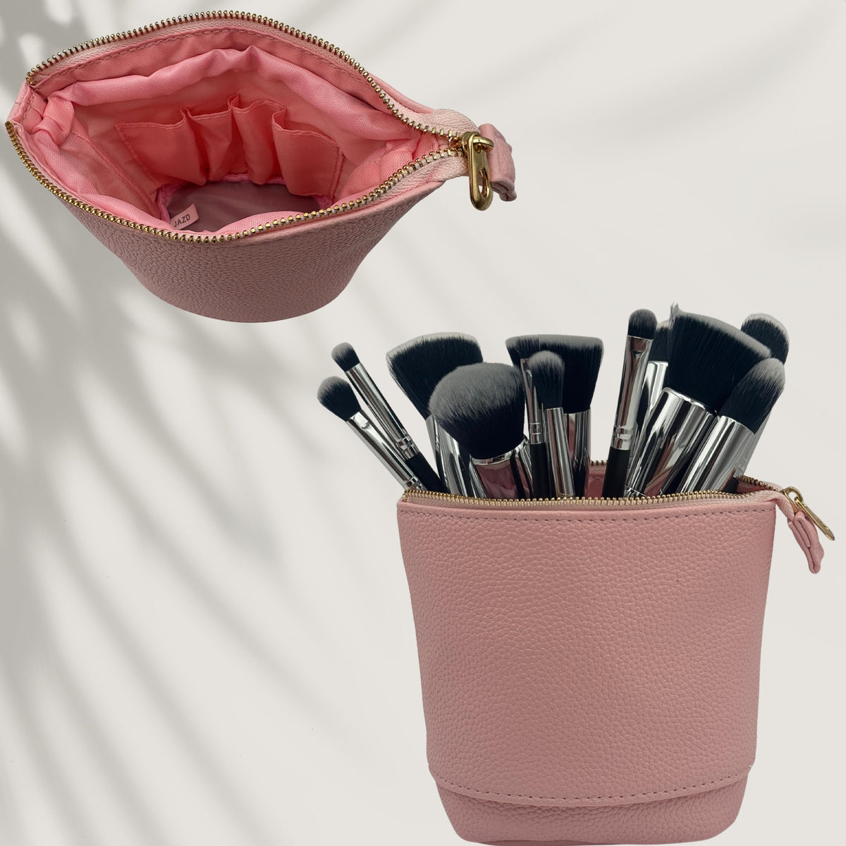 JAZD pink convertible makeup brush pouch, spill-resistant and easy to clean