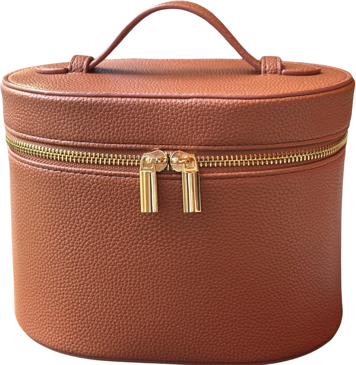 JAZD vanity case close-up shows durable brown PU leather for daily travel.