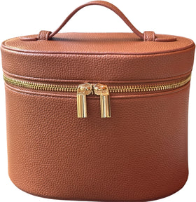 JAZD vanity case close-up shows durable brown PU leather for daily travel.