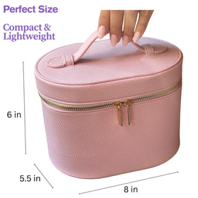 JAZD vanity case interior open to reveal makeup and toiletries.