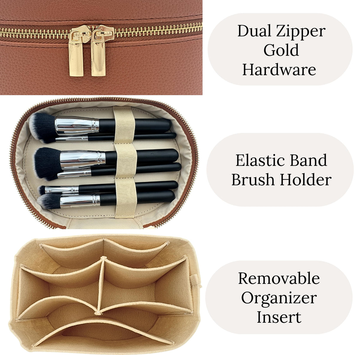 JAZD vanity case removable divider demonstrates organized storage for cosmetics.