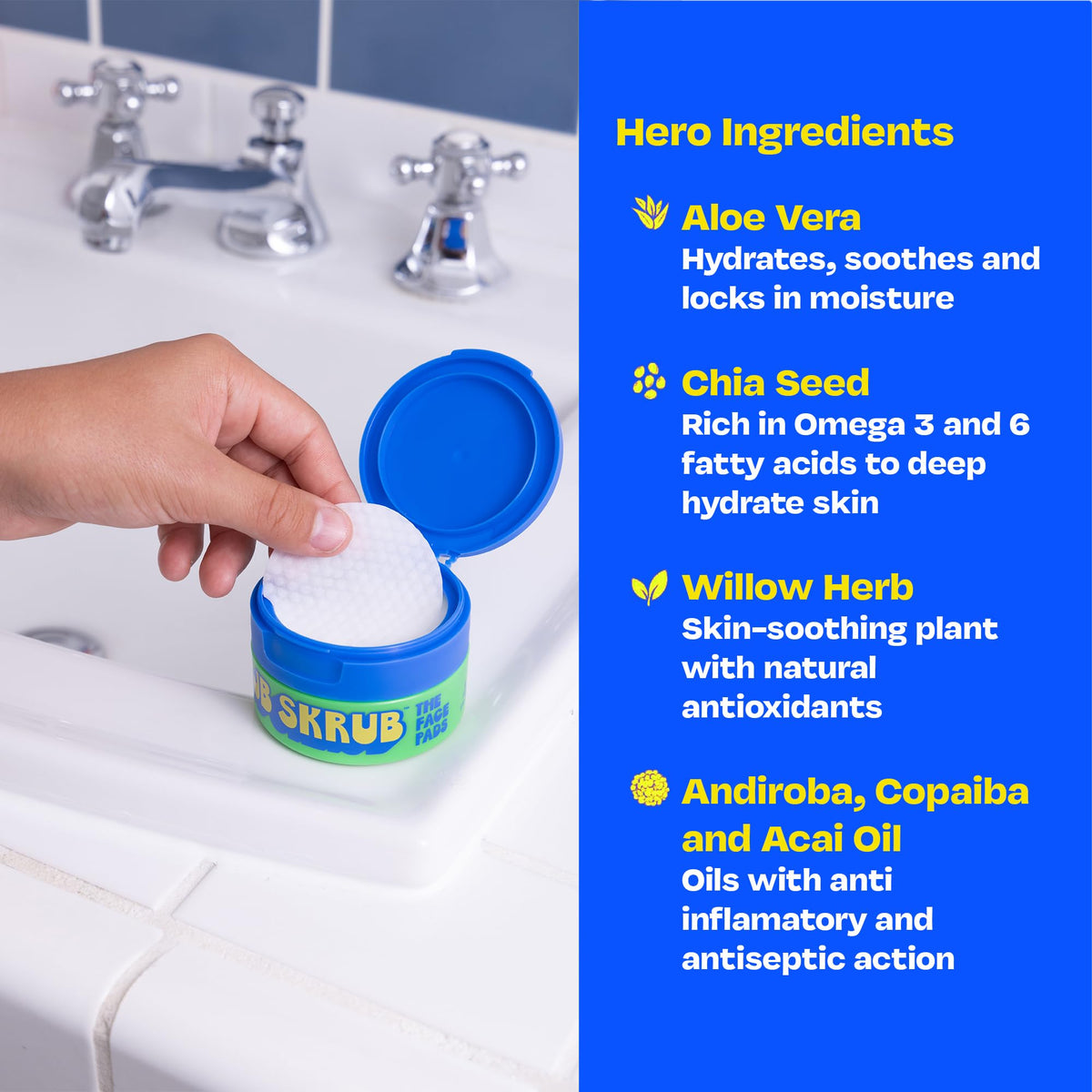 JB SKRUB Boys Face Pads texture demonstrates gentle cleansing for blemish-prone skin.