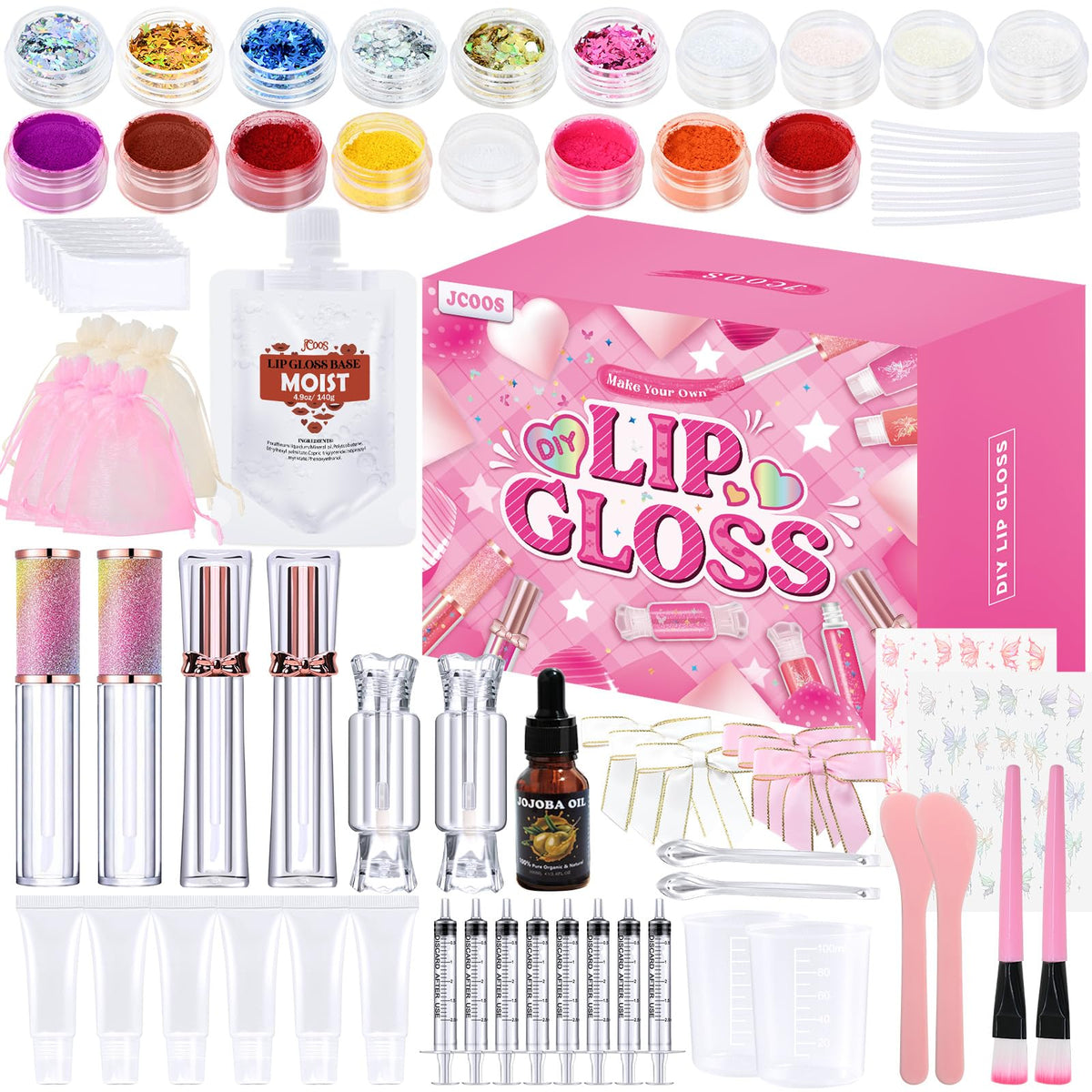 Jcoos lip gloss making kit contents laid out for creative DIY lip gloss projects.