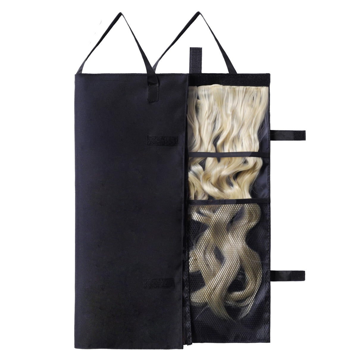 JCWPVA travel halo hair extensions holder bag with PVC protects against dust during travel.
