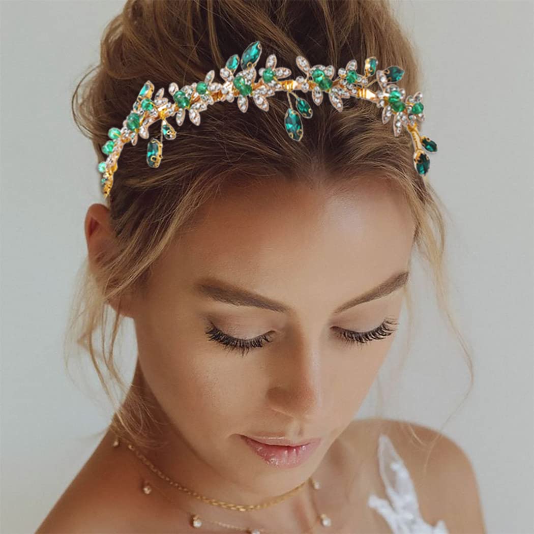 JEAIRTS emerald green rhinestone headband adds sparkle to bridal hairstyle