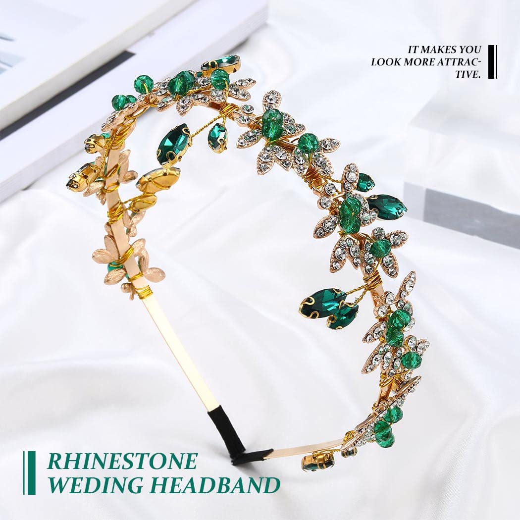 JEAIRTS gold leaf headband closeup highlights craftsmanship and luminous crystals