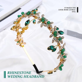 JEAIRTS gold leaf headband closeup highlights craftsmanship and luminous crystals