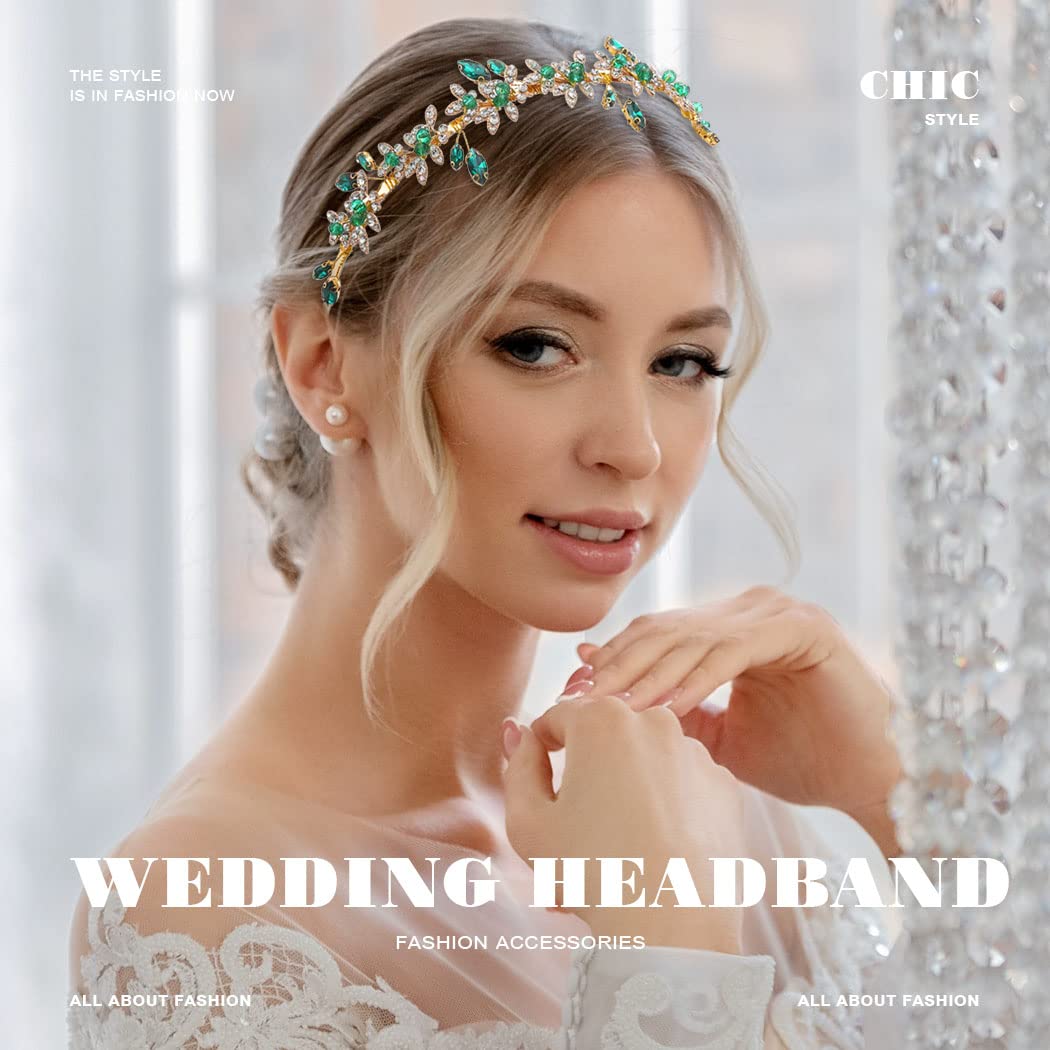 JEAIRTS sparkling green crystal headband sits gracefully on the bride